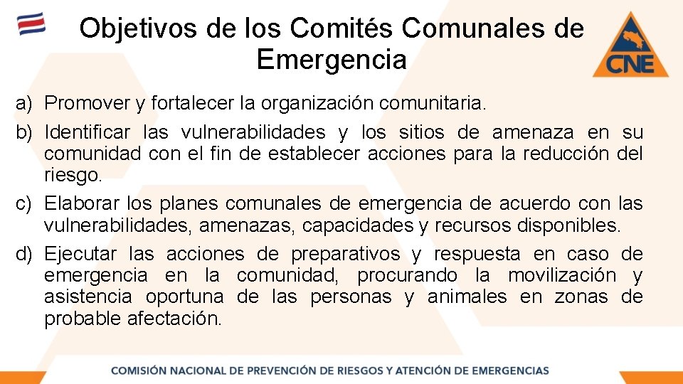 Objetivos de los Comités Comunales de Emergencia a) Promover y fortalecer la organización comunitaria.