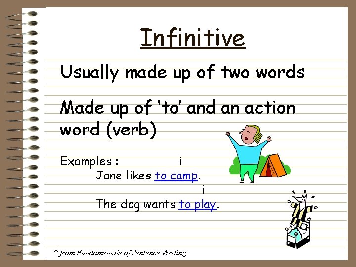 Infinitive Usually made up of two words Made up of ‘to’ and an action