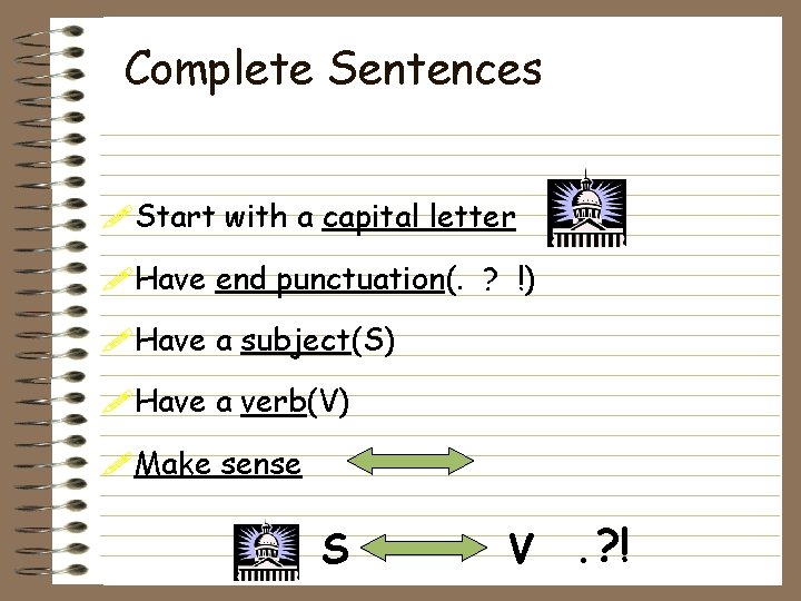 Complete Sentences !Start with a capital letter !Have end punctuation(. ? !) !Have a