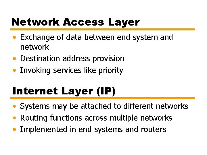 Network Access Layer • Exchange of data between end system and network • Destination