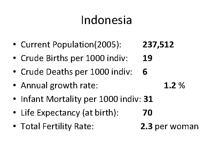 Indonesia • • Current Population(2005): 237, 512 Crude Births per 1000 indiv: 19 Crude