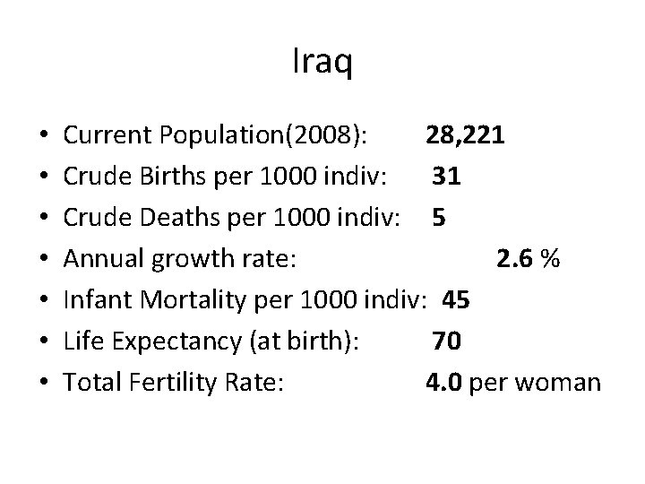 Iraq • • Current Population(2008): 28, 221 Crude Births per 1000 indiv: 31 Crude