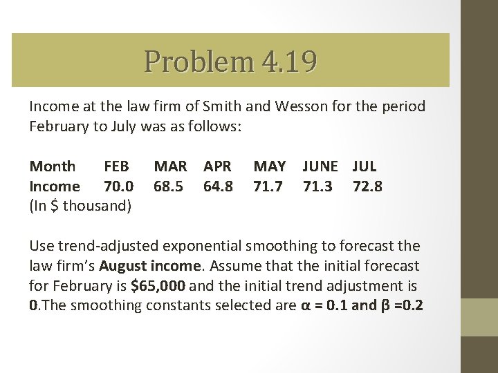 Problem 4. 19 Income at the law firm of Smith and Wesson for the Problem 4. 19 Income at the law firm of Smith and Wesson for the