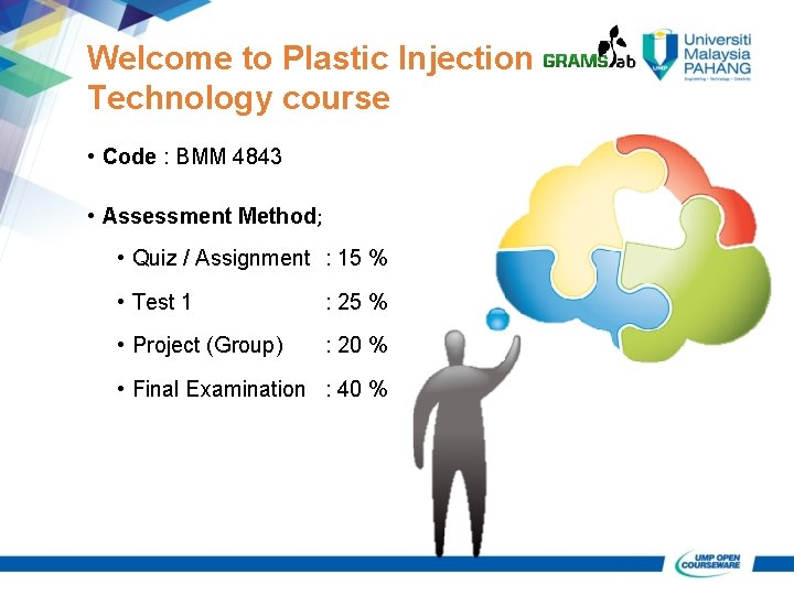 Welcome to Plastic Injection Technology course • Code : BMM 4843 • Assessment Method; Welcome to Plastic Injection Technology course • Code : BMM 4843 • Assessment Method;