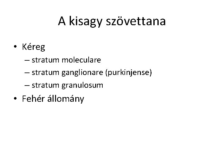 A kisagy szövettana • Kéreg – stratum moleculare – stratum ganglionare (purkinjense) – stratum