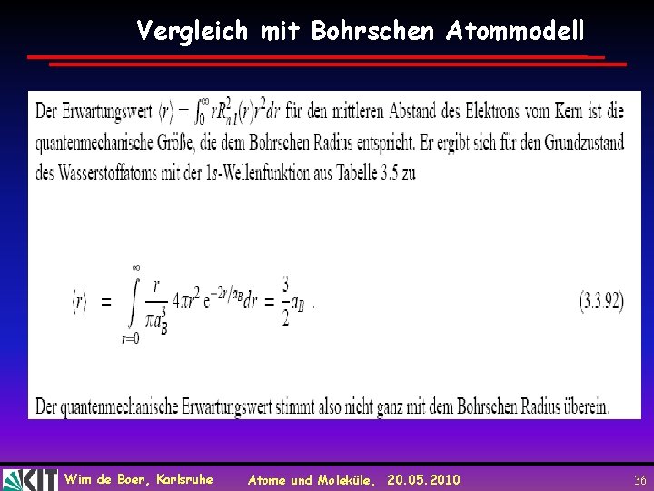 Vergleich mit Bohrschen Atommodell Wim de Boer, Karlsruhe Atome und Moleküle, 20. 05. 2010