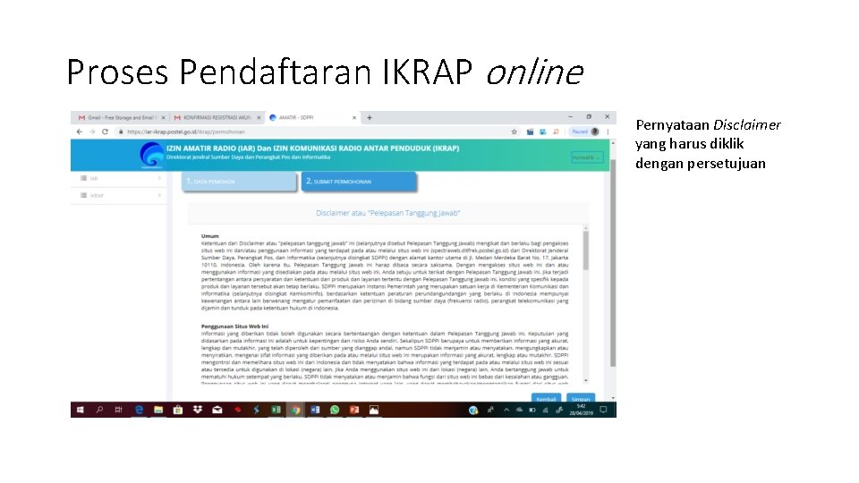 Proses Pendaftaran IKRAP online Pernyataan Disclaimer yang harus diklik dengan persetujuan 