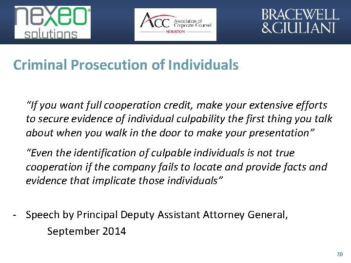 Criminal Prosecution of Individuals “If you want full cooperation credit, make your extensive efforts