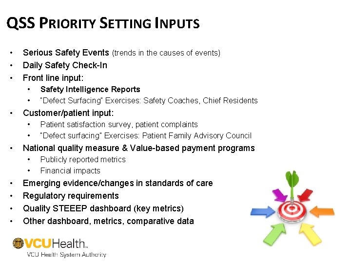QSS PRIORITY SETTING INPUTS • • • Serious Safety Events (trends in the causes