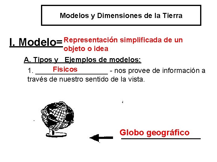 Modelos y Dimensiones de la Tierra simplificada de un I. Modelo= Representación objeto o