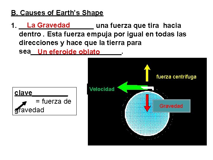 B. Causes of Earth’s Shape La Gravedad 1. __________ una fuerza que tira hacia