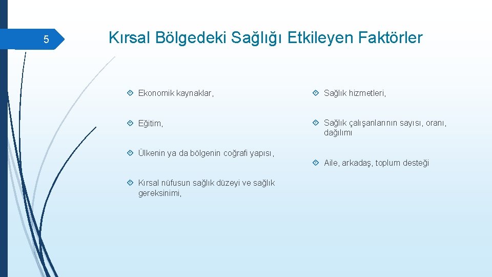 5 Kırsal Bölgedeki Sağlığı Etkileyen Faktörler Ekonomik kaynaklar, Sağlık hizmetleri, Eğitim, Sağlık çalışanlarının sayısı,