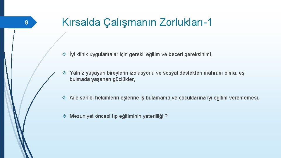 9 Kırsalda Çalışmanın Zorlukları-1 İyi klinik uygulamalar için gerekli eğitim ve beceri gereksinimi, Yalnız