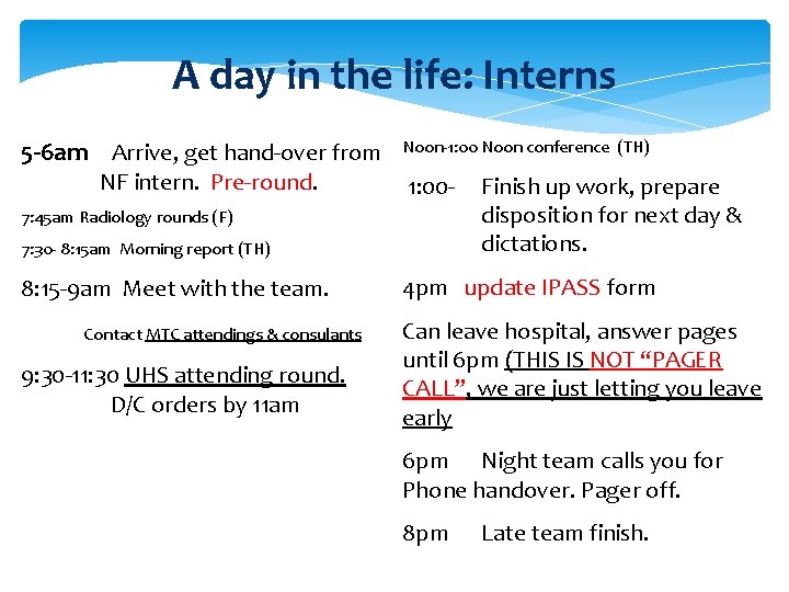 A day in the life: Interns 5 -6 am Arrive, get hand-over from NF