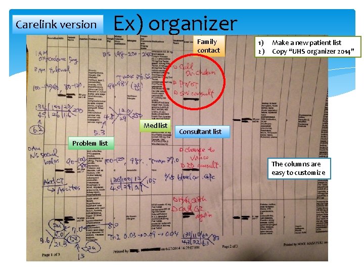 Carelink version Ex) organizer Family contact Med list 1) 2) Make a new patient
