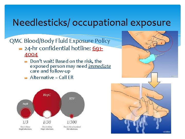 Needlesticks/ occupational exposure QMC Blood/Body Fluid Exposure Policy 24 -hr confidential hotline: 6914004 Don’t
