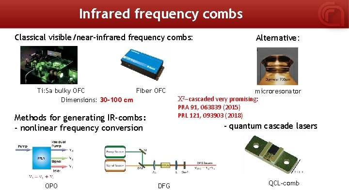 Infrared frequency combs Classical visible/near-infrared frequency combs: Ti: Sa bulky OFC Fiber OFC Dimensions: