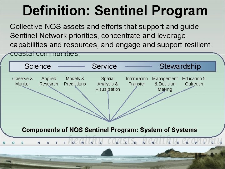 Definition: Sentinel Program Collective NOS assets and efforts that support and guide Sentinel Network Definition: Sentinel Program Collective NOS assets and efforts that support and guide Sentinel Network