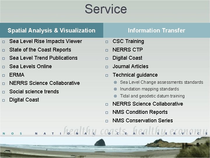 Service Spatial Analysis & Visualization Information Transfer Sea Level Rise Impacts Viewer CSC Training Service Spatial Analysis & Visualization Information Transfer Sea Level Rise Impacts Viewer CSC Training