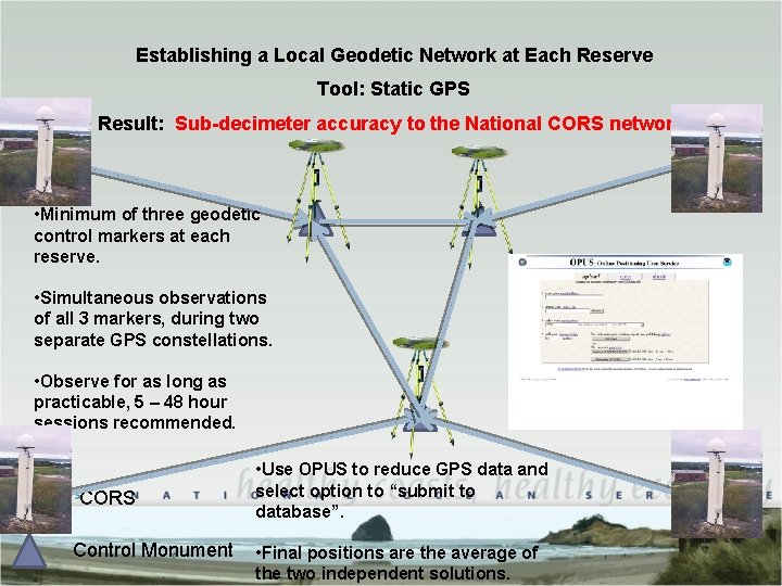 Establishing a Local Geodetic Network at Each Reserve Tool: Static GPS Result: Sub-decimeter accuracy Establishing a Local Geodetic Network at Each Reserve Tool: Static GPS Result: Sub-decimeter accuracy