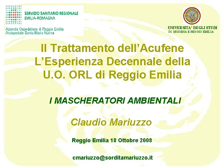 UNIVERSITA’ DEGLI STUDI DI MODENA E REGGIO EMILIA Il Trattamento dell’Acufene L’Esperienza Decennale della