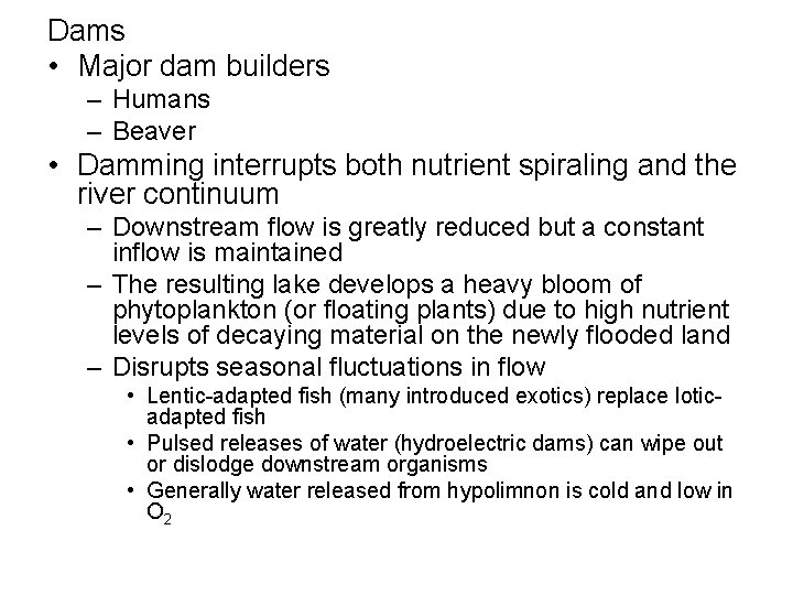 Dams • Major dam builders – Humans – Beaver • Damming interrupts both nutrient