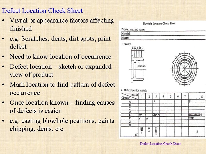 Defect Location Check Sheet • Visual or appearance factors affecting finished • e. g.