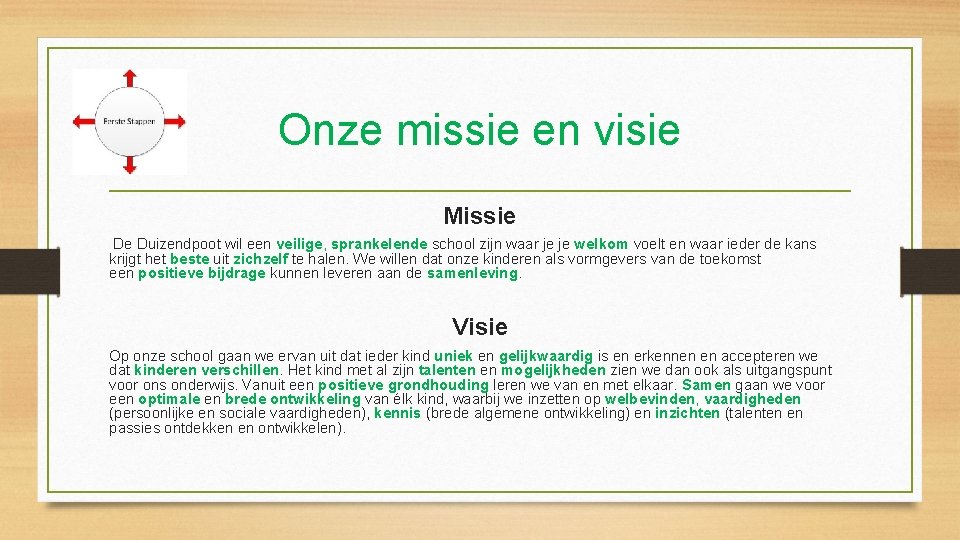 Onze missie en visie Missie De Duizendpoot wil een veilige, sprankelende school zijn waar