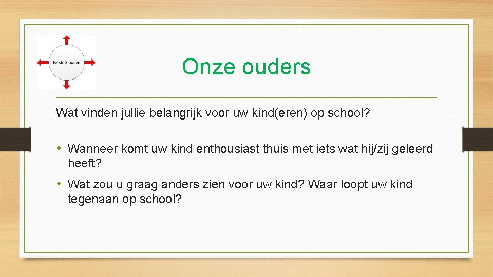 Onze ouders Wat vinden jullie belangrijk voor uw kind(eren) op school? • Wanneer komt