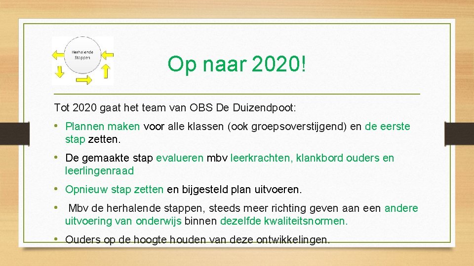 Op naar 2020! Tot 2020 gaat het team van OBS De Duizendpoot: • Plannen