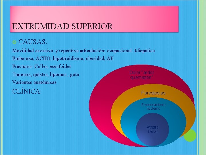 EXTREMIDAD SUPERIOR CAUSAS: Movilidad excesiva y repetitiva articulación; ocupacional. Idiopática Embarazo, ACHO, hipotiroidismo, obesidad,