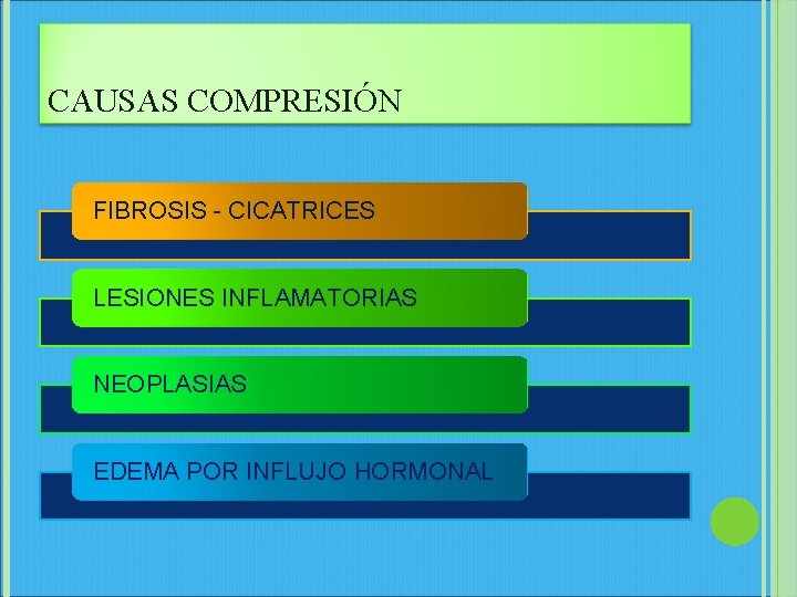 CAUSAS COMPRESIÓN FIBROSIS - CICATRICES LESIONES INFLAMATORIAS NEOPLASIAS EDEMA POR INFLUJO HORMONAL 