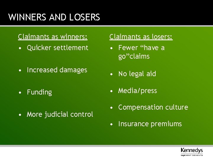 WINNERS AND LOSERS Claimants as winners: Claimants as losers: • Quicker settlement • Fewer