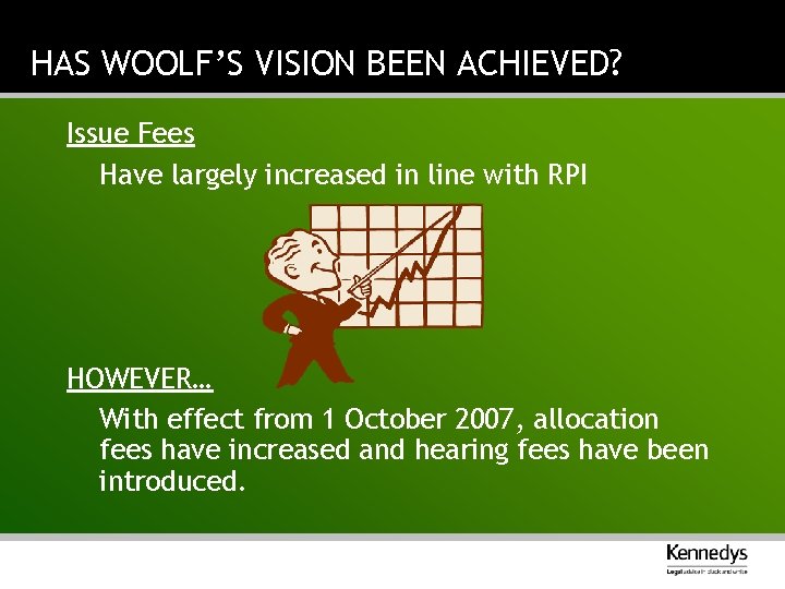 HAS WOOLF’S VISION BEEN ACHIEVED? Issue Fees Have largely increased in line with RPI
