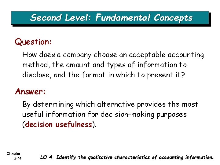 Second Level: Fundamental Concepts Question: How does a company choose an acceptable accounting method,