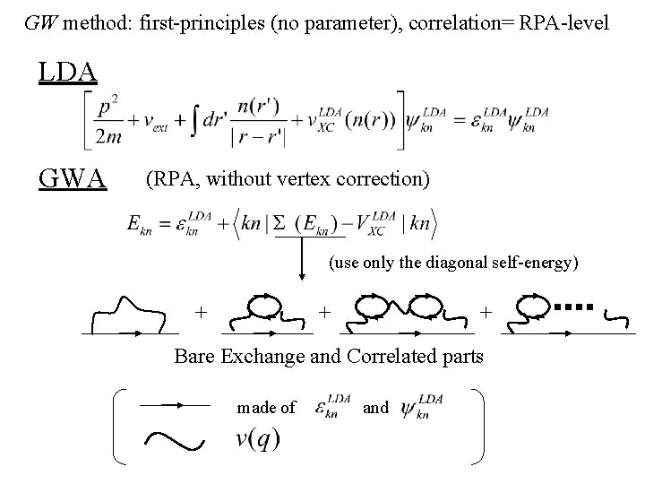 GW method: first-principles (no parameter), correlation= RPA-level LDA GWA (RPA, without vertex correction) (use