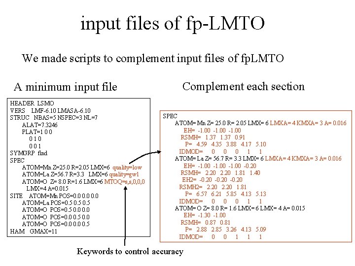 input files of fp-LMTO We made scripts to complement input files of fp. LMTO