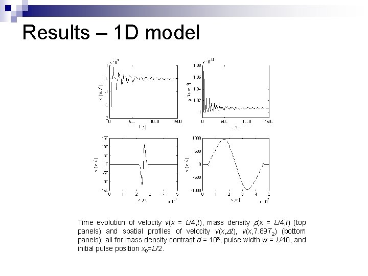 Results – 1 D model Time evolution of velocity v(x = L/4, t), mass