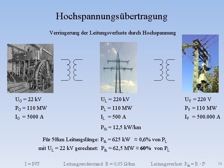 Hochspannungsübertragung Verringerung der Leitungsverluste durch Hochspannung UG = 22 k. V UL = 220