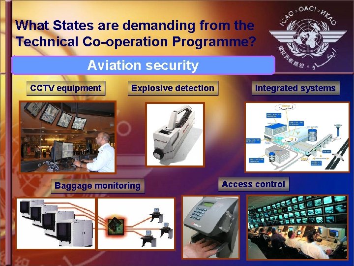What States are demanding from the Technical Co-operation Programme? Aviation security CCTV equipment Explosive