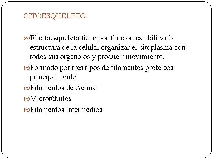 CITOESQUELETO El citoesqueleto tiene por función estabilizar la estructura de la celula, organizar el