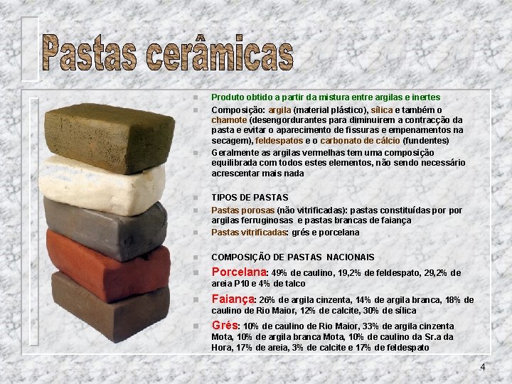 n n n Produto obtido a partir da mistura entre argilas e inertes Composição: