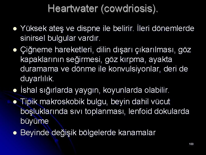 Heartwater (cowdriosis). l l l Yüksek ateş ve dispne ile belirir. İleri dönemlerde sinirsel