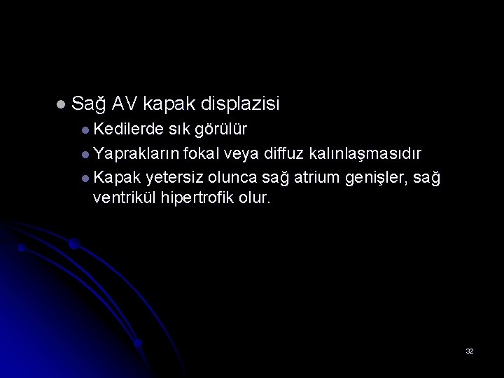 l Sağ AV kapak displazisi l Kedilerde sık görülür l Yaprakların fokal veya diffuz