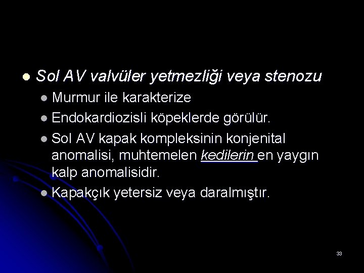 l Sol AV valvüler yetmezliği veya stenozu l Murmur ile karakterize l Endokardiozisli köpeklerde