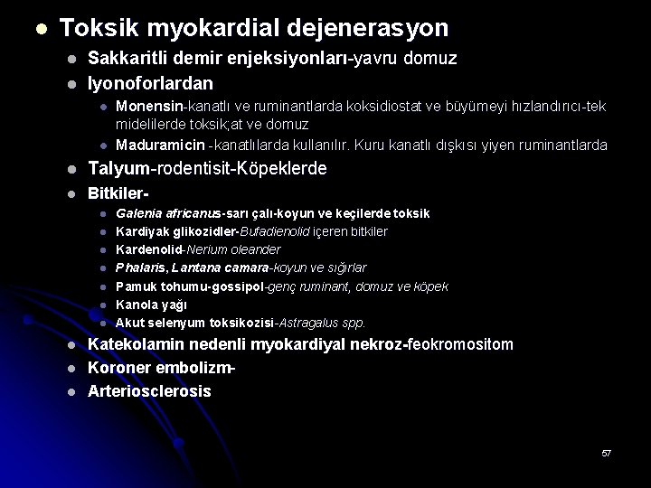 l Toksik myokardial dejenerasyon l l Sakkaritli demir enjeksiyonları-yavru domuz Iyonoforlardan l l Monensin-kanatlı