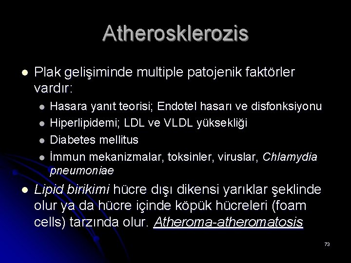 Atherosklerozis l Plak gelişiminde multiple patojenik faktörler vardır: l l l Hasara yanıt teorisi;