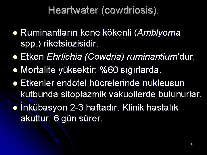 Heartwater (cowdriosis). Ruminantların kene kökenli (Amblyoma spp. ) riketsiozisidir. l Etken Ehrlichia (Cowdria) ruminantium’dur.