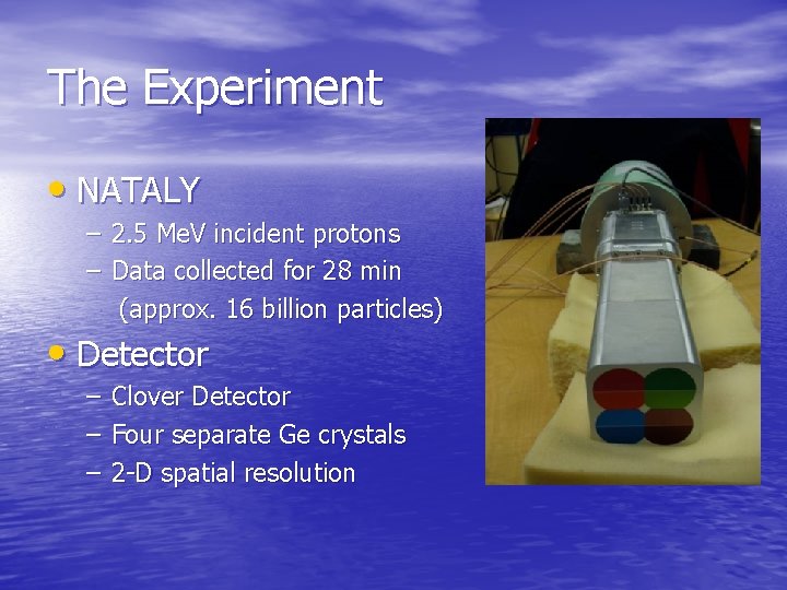 The Experiment • NATALY – 2. 5 Me. V incident protons – Data collected