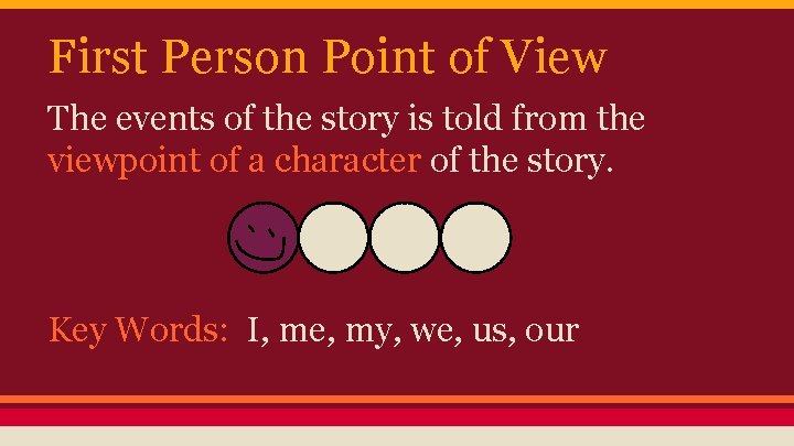 First Person Point of View The events of the story is told from the